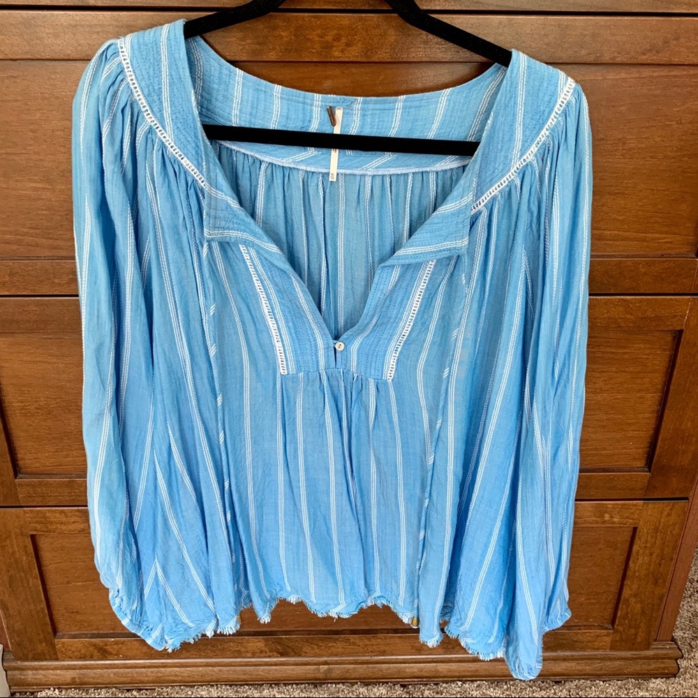 Free People Blue Striped Flowy Blouse